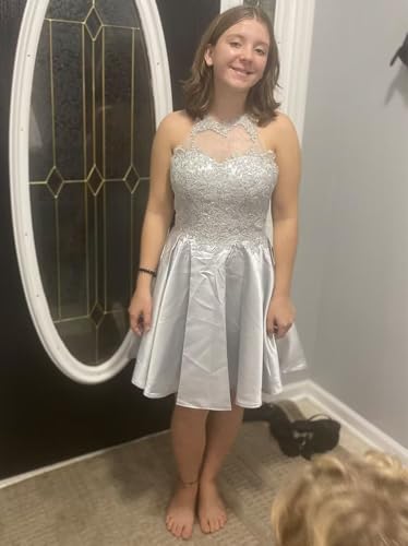 Tvuyet Lace-Applique Short Homecoming Dresses for Women with Pockets Satin Beaded Prom Cocktail Dress for Teens4