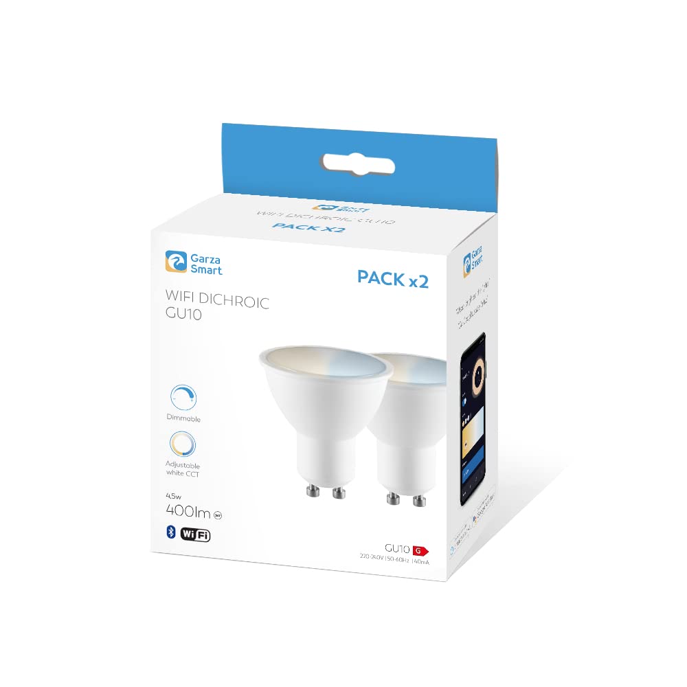 Garza Smart - Pack 2 Bombilla LED Inteligente Wifi Dicroica GU10, 4.5W (equivale a 40W de incandescencia), E27, CCT, Intensidad regulable, Programable, Control por voz y app, Alexa/Google, WiFi 2.4GHz