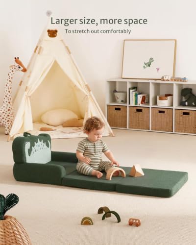 Image of Blissful Diary Foldable Kids Couch, 2-in-1 Kids Sofa Chair, Green Dinosaur