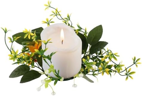 Sunflower Candle Ring, 6PCS Candle Ring, Artificial Sunflower Candle Ring, Artificial Yellow Flower Leaves Wreath Pillar Candleholder for Wedding Home Tabletop Decor
