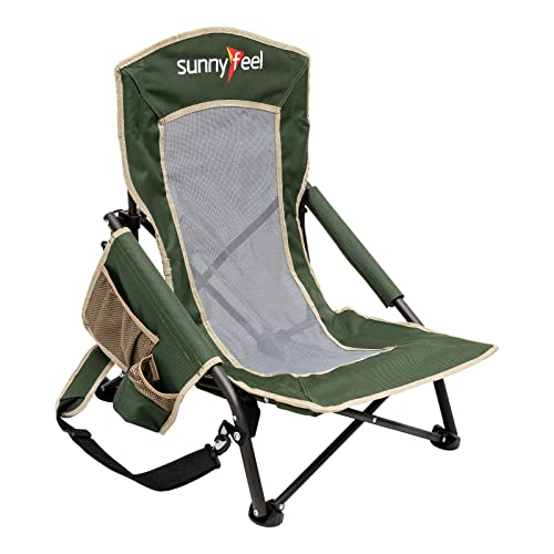 SunnyFeel Silla plegable de camping de playa baja, sillas portátiles de mochilero con respaldo de malla, portavasos, concierto, césped de arena (verde) Cover