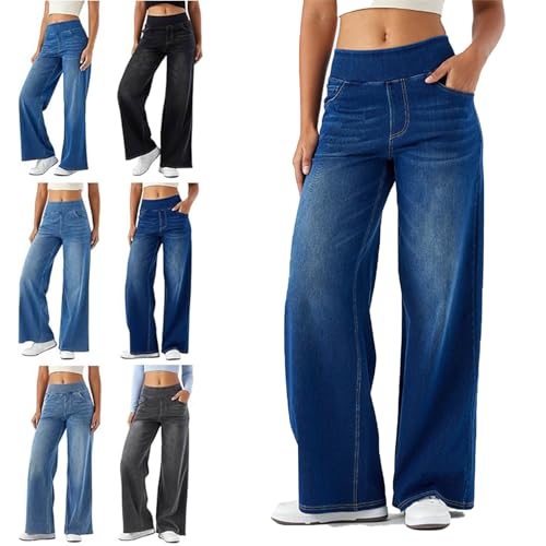 High Waisted Stretchy Pull On Wide Leg Denim Pants – Stylish Sweatpants That Look Like Jeans - Perfect for Comfort & Fashion
