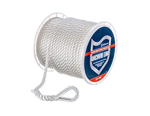 Attwood 11716-1 Premium Nylon Anchor Line, Twisted Nylon Line With Thimble, 3/8-Inch Thick, 200 Feet Long, White