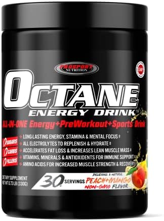 OCTANE ENERGY DRINK®, Sugar Free Peach Mango (30 DRINKS) ALL-IN-ONE Energy, Pre-Workout & Sports Drink Mix.