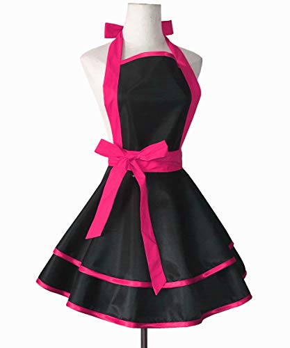 Hyzrz Lovely Handmade Cotton Retro Black Aprons For Women Girls Cake Kitchen Cook Apron For Mother's Gift (Red Rose) #TOP2