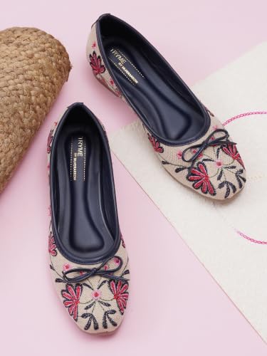 Image of TRYME Floral Embroidered Bow Ballerina Shoes for Women | Lightweight Slip-On Belly Flats | Soft Sole Comfortable Casual Footwear
