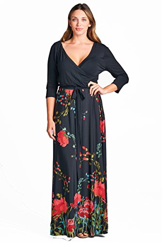 On Trend Women's Paris Bohemian V-Neck Printed 3/4 Sleeve Faux Wrap Long Maxi Resort Dress (Small, Black Red)