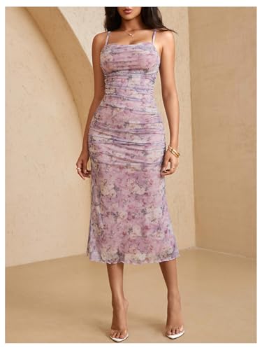Image of Milumia Women's Elegant Floral Ruched Spaghetti Straps Cami Dress Fishtail Bodycon Midi Dresses