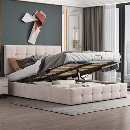 Cama Tapizada Hidráulica 140x200 Cm Cama Doble Cabecero Tapizado Regulable En Altura Somier De Láminas De Metal Cama Juvenil para Adultos Jóvenes Canapé Cama De Invitados Blanco Crema