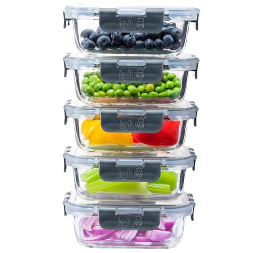 Igluu Meal Prep Contenitori in vetro coperchi ermetici, 5 pezzi, rettangolari, 370 ml, privi di BPA, riutilizzabili – in vetro borosilicato, adatto al forno