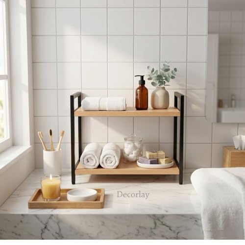 Image of Decorlay Kitchen Countertop Storage Organizer Laminated Board with Metallic Frame, Space-Saving Rack for Spice Bottles & Condiments | Beech & Black | Pack of 1