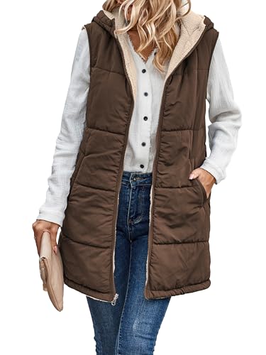 Famulily Long Gilet for Women UK Teddy Sleeveless Hooded Coat Quilted Thick Body Warmer Zip Up Reversible Vest Coffee S
