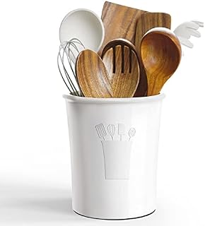 Luvan Kitchen Utensil Holder,7.2" Large Utensil Crock for Farmhouse, Ceramic Utensil Caddy with Table-Protection Cork Mat, Stable and Easy to Clean,Utensil Jar for Kitchen Countertop,White