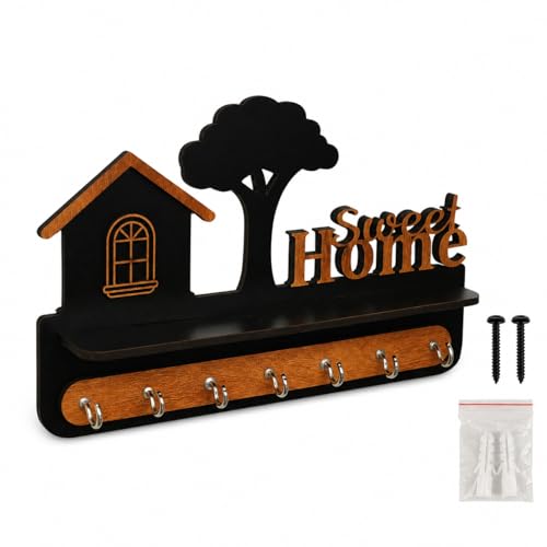 Image of Deskart Premium Wooden Key Holder for Wall with 7 Stainless Steel Hooks Sweet Home 3D Key Hanger Wall Mounted Key Organizer with Decorative Shelf Key Stand for Home, Office & Entrance (Sweet Home 3D)