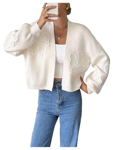 SOLY HUX Womens Floral Cropped Cardigan Sweater Open Front Long Sleeve Knit Casual Outerwear Apricot Floral Medium