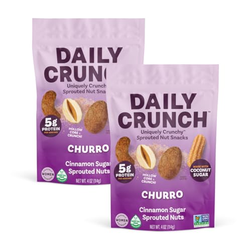Image of Daily Crunch Sprouted Almonds and Dehydrated Nuts for a Unique Crunch, Keto Friendly, Non-GMO Zero Seed Oils, Gluten Free, 4oz (2 Pack, Churro)