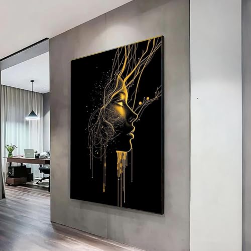 Peinture murale abstraite pour raviver un mur blanc terne avec profil féminin doré chic