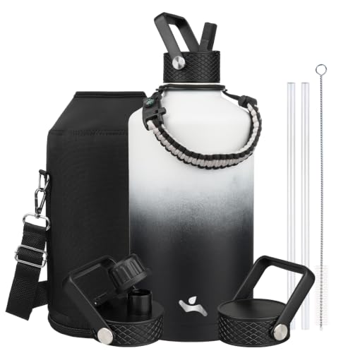 Image of Konokyo Gallon Insulated Water Bottle with Straw,128 oz 3 Lids Water Jug with Carrying Bag,Paracord Handle, Double Wall Vacuum Stainless Steel Metal Flask,Day Night
