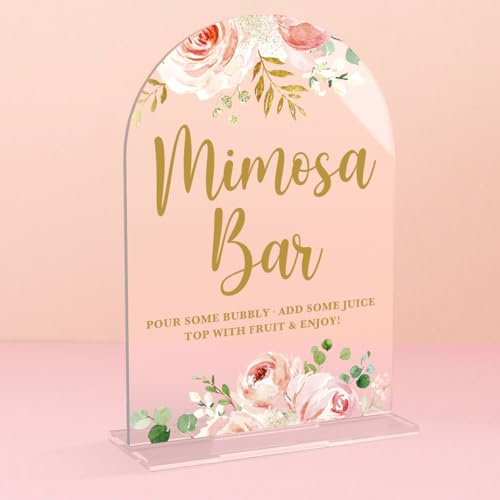 Acrylic Wedding Signs Bridal Shower Decorations Mimosa Bar Signs for Reception Modern Calligraphy Arch Acrylic Table Top Sign for Wedding Reception and Engagement Parties (Clear Pink Flowers)