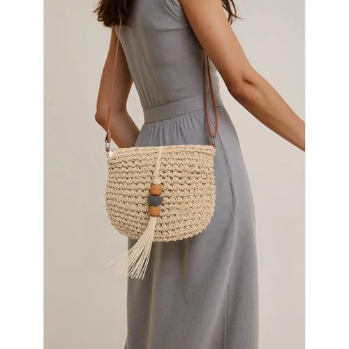 Handwoven Straw Crossbody Bag, Boho Beach Purse, Rattan Wicker Design with Adjustable Strap, Summer Vacation Tassels4