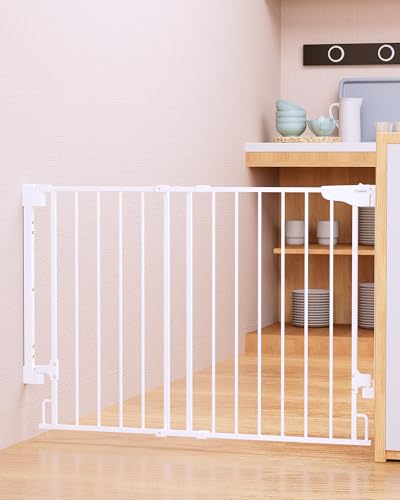 Cumbor 29.2–43" Baby Gate for Stairs, Wall-Mounted (Drill Required), Expandable No Bottom Bar Dog Gate, Auto Close Extra Wide Walk Thru, Pet & Toddler Proof Gate, Top & Bottom of Stairways (White)