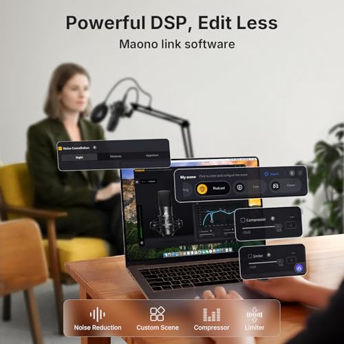 Image of MAONO A04-Gen2 XLR /USB Condenser Mic for Podcast: 192kHz /24Bit Cardioid Microphone for YouTube with Noise Cancellation Software, Metal Arm Kit, Professional Chipset for Recording, Studio, Streaming