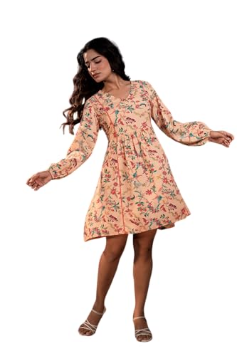 Image of Juniper Floral Printed Fit & Flare Viscose Dress with Full Sleeves