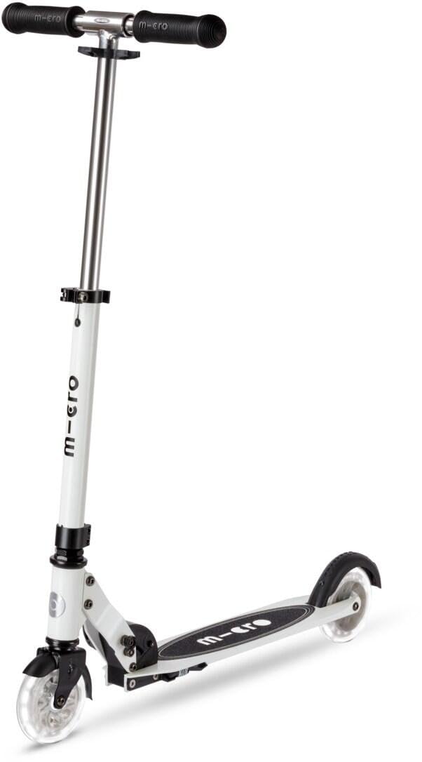 Micro Scooters | Micro Sprite Chrome LED Children's Scooter | Handlebar Adjustable | Light Up Wheels | Foldable | Kickstand | 5 to Teen | Boys & Girls | White