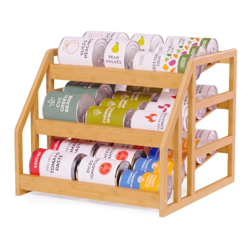 HOMESTEAD Bamboo Can Organizer for Pantry – 3 Tier Rack with Adjustable Dividers, Gravity Feed Canned Goods Organizer, 36 Cans Soda Storage