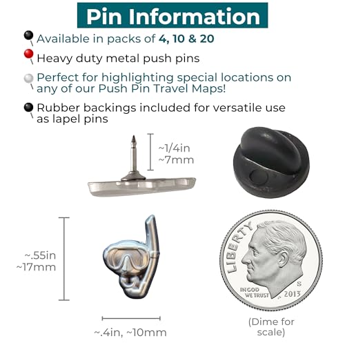 Image of Snorkel Push Pins - Silver Snorkel Map Pins for Cork Boards, Maps, or Lapel Use - Designed in USA - Set of 10