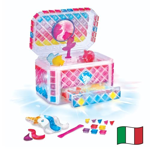 VTech Mosaic Magic Lights - Cofre joyero para niña, Luminoso, Personalizable con 200 Tarjetas de Mosaico, 4 Figuras Incluidas, melodías relajantes, Idioma Italiano, Pilas Incluidas, más de 5 años