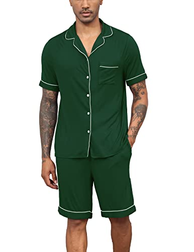 Veseacky Mens Cotton Pajama Set Short Sleeve Square Collar 2 Piece Nightwear Shorts with Pockets Summer Sleepwear PJS Green XL
