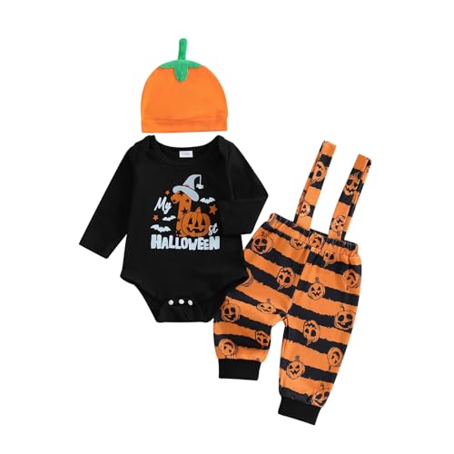 BemeyourBBs My First Halloween Baby Boy Outfit Long Sleeve Pumpkin Romper Pants Set with Beanie Hat Newborn Boy Fall Clothes (1St Halloween Black 0-3 Months)