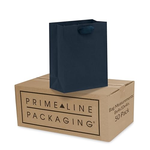 Prime Line Packaging Navy Blue Gift Bags with Ribbon Handles, Small Kraft Paper for Shopping, Business, Retail, Party Favors, Bulk, 8x4x10, 50 Pack