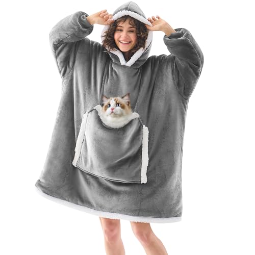 JOYWOO Wearable Blanket Hoodie,Oversized Cat Lovers Sweatshirt Blanket for Adult & Teens, Birthday Gifts for Women Men Mom Girl Boys,Cozy Sherpa Fuzzy Blanket Giant Pocket Gifts,Silver Grey Small