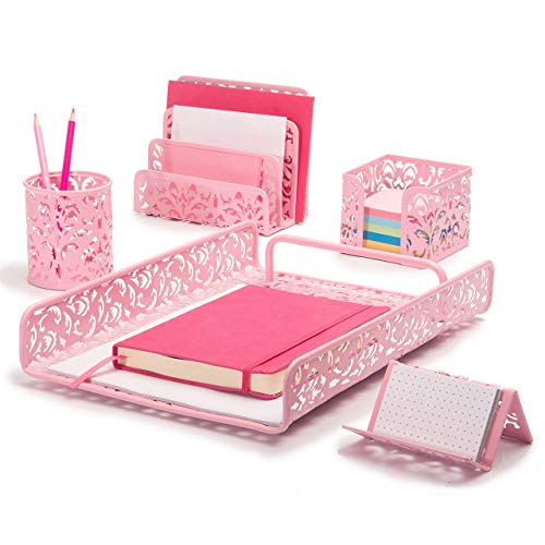 Hudstill Cute Pink Desk Organizer Set for Women Girls and Teens in Damask Design with 5 Office Supplies Accessories : File Tray, Mail Organizer, Pen Cup, Sticky Notes and Business Card Holders