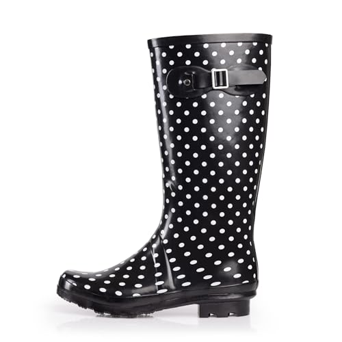 NORTY Waterproof Rain Boots for Women Size 9, Tall & High Calf Rain Shoes, Slip-Resistant, Comfortable Rainboots, Stylish Outdoor & Garden Boots, Glossy Black & White Dot, 13.25” Shaft