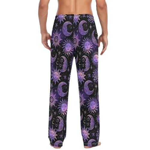 Men’s Sun Moon and Stars Pajama Pants with Pockets, Comfortable Lounge Sleep Bottoms#2682