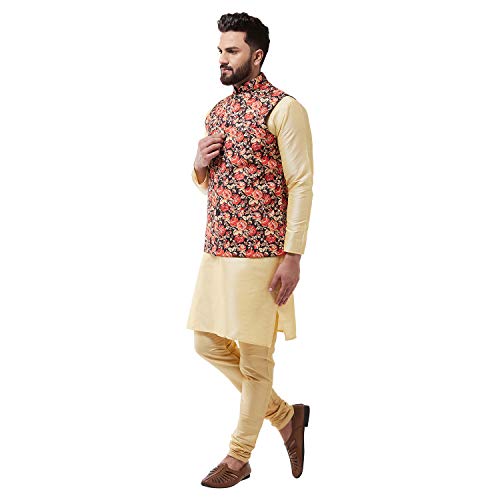 Image of SOJANYA (Since 1958 Men's Silk Blend Gold Kurta Pyjama & Printed Nehrujacket Combo
