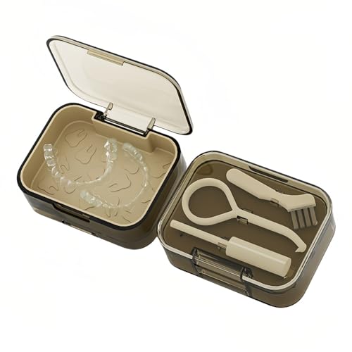 NINSI Retainer and Aligner Case - Double Layer with Double Sided Opening Lid, Mouthguard & Night Guard Storage Cleaning Case, with Removal Tool, Brush and Chewer (Brown)