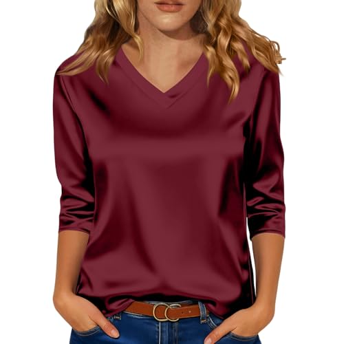 3/4 Length Sleeve Womens Tops Dressy Casual Vacation T Shirt Summer V Neck Blouse Printed Fashion Satin Shirts