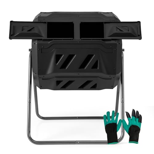 RELAX4LIFE Compostiera da Giardino 160 L, Composter a Doppia Vasca per Giardinaggio, Bidone per Compostaggio con Un Paio di Guanti (Nero)