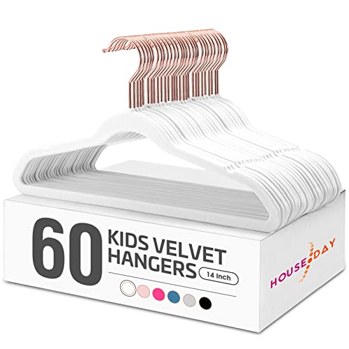 HOUSE DAY Velvet Kids Hangers 60 Pack, Premium Childrens Hangers for Closet, Ultra Thin Cute Clothes Hanger, Non Slip Small Felt Hanger 14 Inch for Kids Clothes, White by HOUSE DAY - Used condition - US$25.38