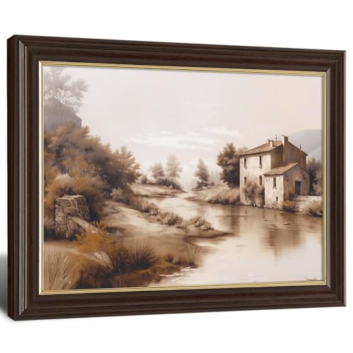 Image of Framed Vintage Countryside River Canvas Wall Art, Sepia Tone Farmhouse Landscape Canvas Prints Pictures, Rustic European Wall Decor for Living Room Bedroom Farmhouse Home