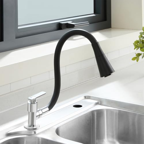 Image of Amazon Basics Kitchen Sink Tap | Wall Mount | Flexible Silicone Spout | 15mm (1 /2 BSP) | Chrome Finish - Black | 54 x 10 x 2.5 cm