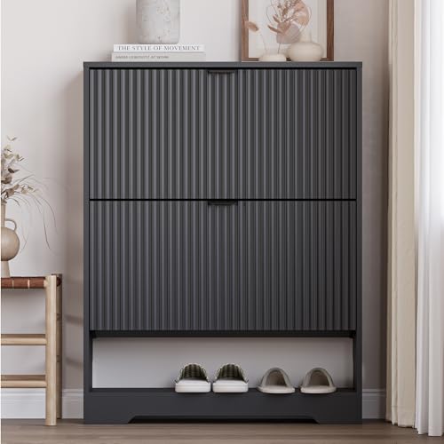 Image of BORNOON Shoe Cabinet with 2 Flip Drawers, Fluted Shoe Storage Cabinet with Adjustable Shelves, Freestanding Rack and Organizer for Entryway, Closet, Hallway