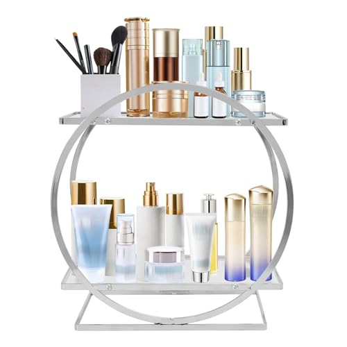 RjcdOPL Organizador de maquillaje de 2 niveles, estante de almacenamiento de metal y acrílico, 28 x 15,5 x 28,5 cm, para dormitorio, baño, dormitorio, oficina, color plateado