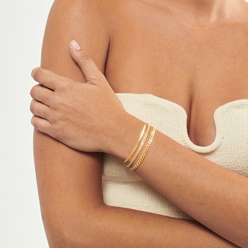Bracelet for Women - Dainty Stack Bracelets Trendy Adjustable 14K Gold Plated Thin Paperclip Bead Box Satellite Figaro Cuban Link Chain Bracelet Set for Women Waterproof Jewelry Gift