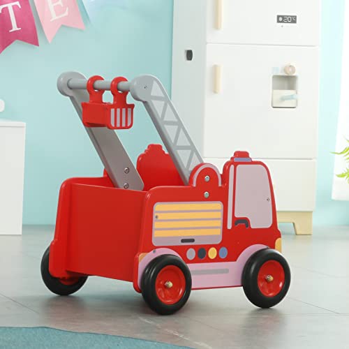 Red Fire Truck Wooden Baby Push Walker - 2-In-1 Toddler Push & Pull Toys Learning Walker Stroller Walker With Wheels For Baby Girls Boys 1-3 Years Old #TOP2