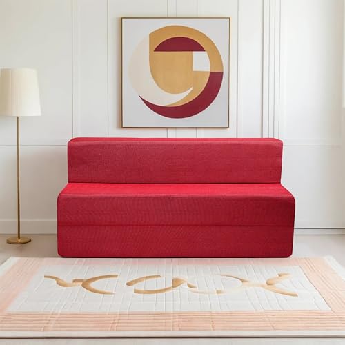 Image of Amazon Brand - Solimo 3 Seater 5 * 6 Jute Fabric Washable Cover Sofa Cum Bed 3 Seater Double Foam Fold Out Sofa Cum Bed (Finish Color - Maroon Delivery Condition - Pre-Assembled)